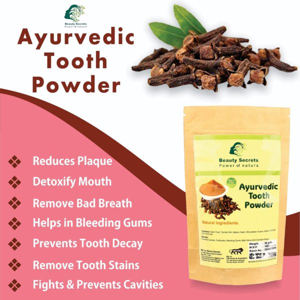 Beauty Secrets Ayurvedic Tooth Powder Complete Mouth Care with Neem coal, Triphala, mint, babool, neem, molucabean, guava, gallnut, charcoal, clove, rock salt_50gm-1